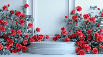 podium of red roses in a minimalist setting, for showcasing products or presentations