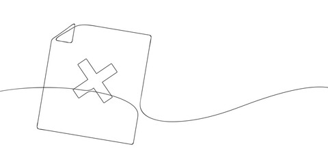 Continuous line drawing of a document with a cross symbol. Minimalist black outline illustration on a white background. Abstract concept for error, rejection, or deletion themes in modern design.