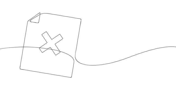 Continuous line drawing of a document with a cross symbol. Minimalist black outline illustration on a white background. Abstract concept for error, rejection, or deletion themes in modern design.