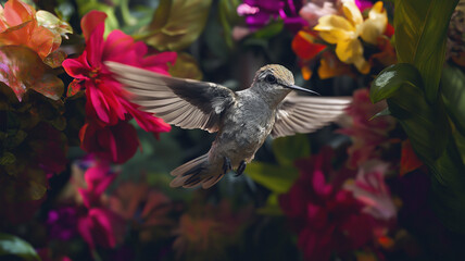 Fototapeta premium Photograph of a vibrant hummingbird in mid-flight, its wings frozen in crystal-clear detail, surrounded by colorful flowers, representing freedom and vitality