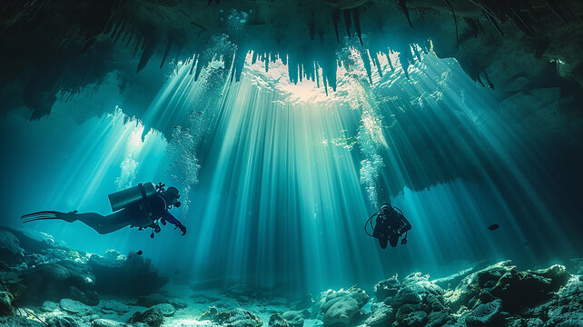a group of divers, underwater view, diving into the depths of the cave in the rays of light, diving training at sea