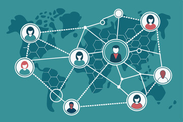 Global network, interconnected people icons, world map background, teal color scheme, hexagonal pattern, diverse avatars, social connectivity visualization, business networking concept, digital commun