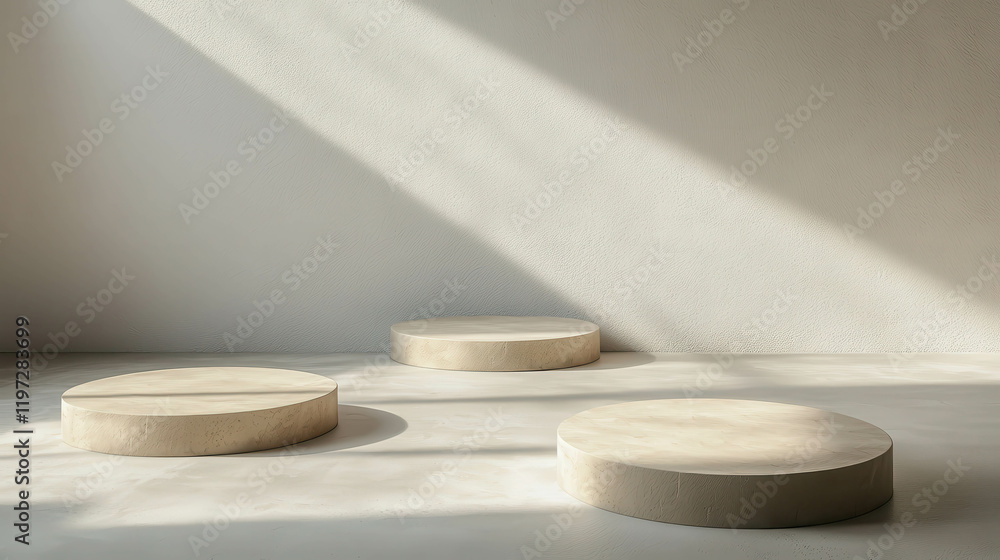 Poster minimalist 3d room background with simple circular platforms and soft natural light