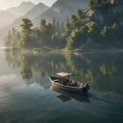 Obraz premium A fishing boat chugs along slowly across the lake's still waters, peaceful scene,