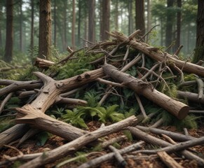 A jumbled pile of wood and branches on the forest floor, discarded lumber, cut wood