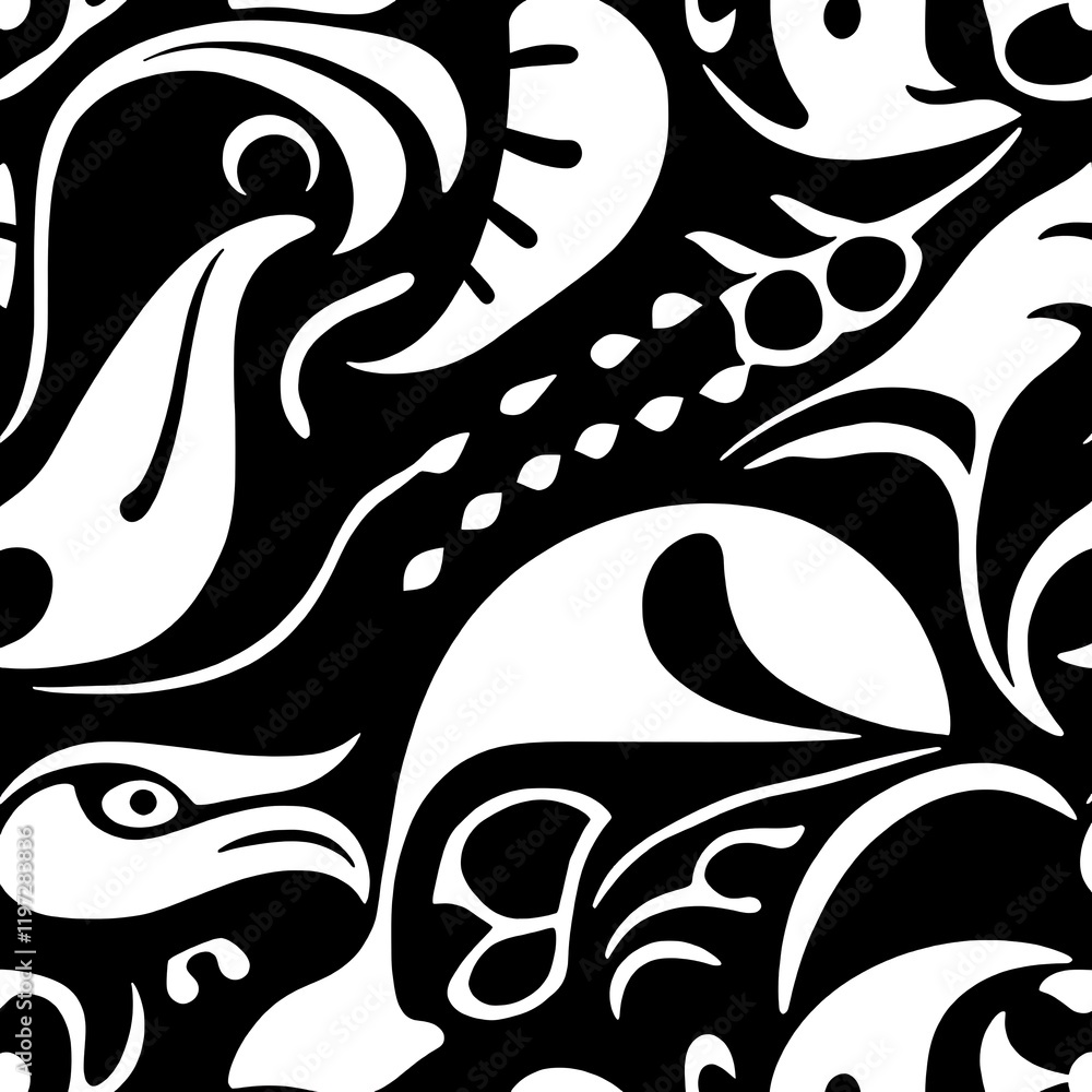 Poster abstract swirls and shapes: a mesmerizing black and white seamless pattern featuring intricate abstr