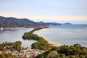 Obraz premium One of The Three Most Scenic Spots of Japan: Amanohashidate Sandbar and Scenic Coastal Panorama, Amanohashidate, Kyoto, Japan