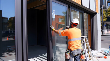 Worker installing and adjusting aluminum frame sliding terrace doors