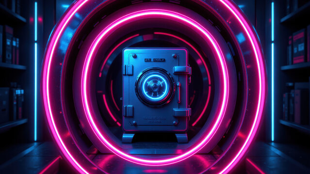 Cybersecurity vault with neon lights illuminating its perimeter.