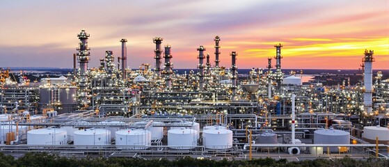 Obraz premium Banner Oil refinery gas petrol plant industry with crude tank, gasoline supply and chemical factory. Petroleum barrel fuel heavy industry oil refinery manufacturing factory plant. Refinery industry