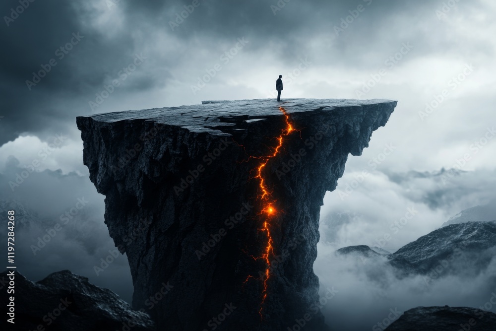 Poster A pixel art depiction of a small figure standing on a crumbling platform, with pixelated cracks and light shining from below symbolizing fragility