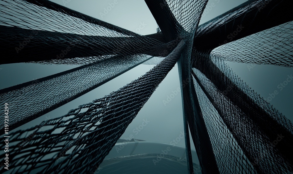 Poster abstract dark net structure against a misty sky, ideal for futuristic or sci-fi backgrounds