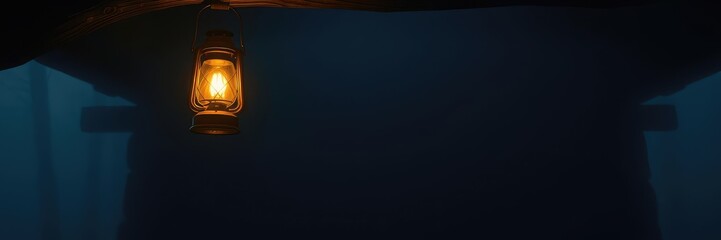 A lantern hung from the eaves of the cabin casts a warm golden light into the darkness but barely penetrates the dense fog surrounding it, mysterious, solitude