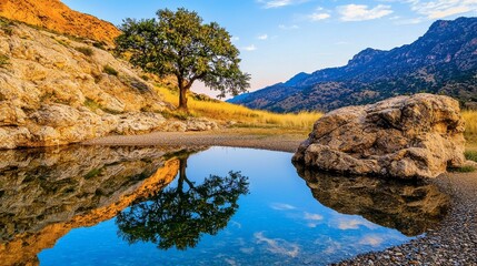 Obraz premium Serene Landscape with Reflection of Tree and Mountains at Sunset