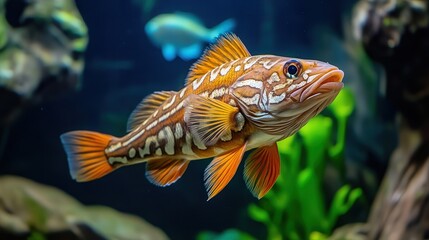 Fototapeta premium Vibrant Colorful Fish Swimming Gracefully in a Clear Glass Aquarium with Lush Green Plants Creating a Peaceful Underwater Environment and Habitat