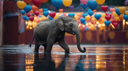 Fototapeta premium An elephant walks through water under colorful heart-shaped decorations.