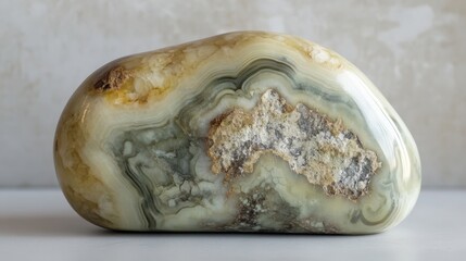 A smooth, multi-colored stone displaying intricate patterns and natural textures, reminiscent of geological formations.