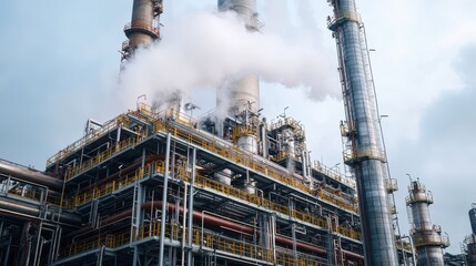 Fototapeta premium The sturdy structure of an industrial boiler in a petrochemical plant, with steam rising and surrounded by interconnected pipelines.