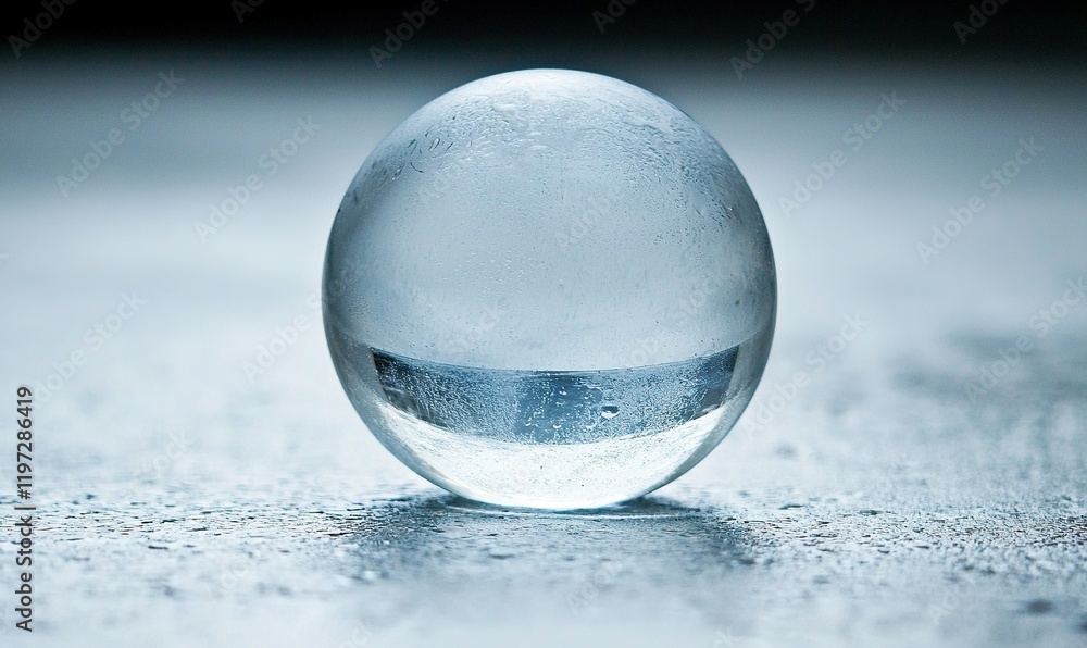 Poster crystal ball on frosted surface reflecting light in dim setting, ideal for mystical or abstract conc