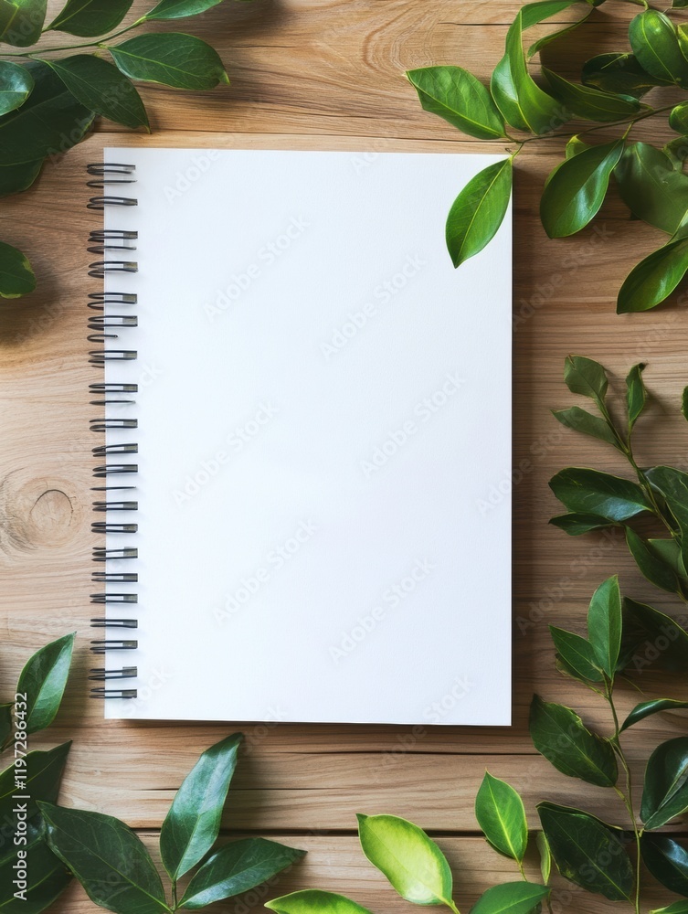 Poster blank spiral notebook surrounded by green leaves on wooden table inviting text creation or design. g