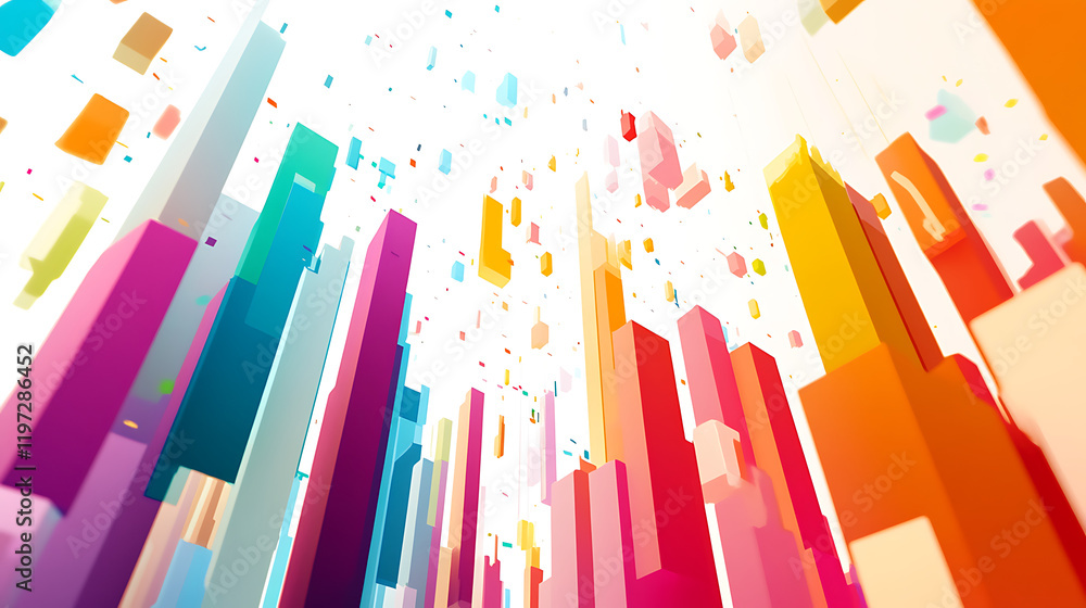 Poster colorful abstract cityscape with vibrant vertical structures and floating particles in a bright back
