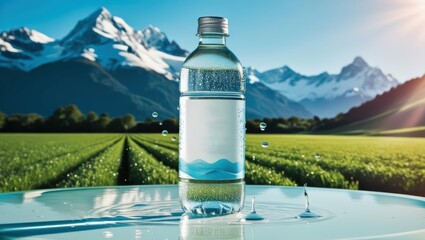 bottle of water in the park, a view of the mountains, drinking water advertisement, water bottle products, water bottle advertising blurred background, space for text