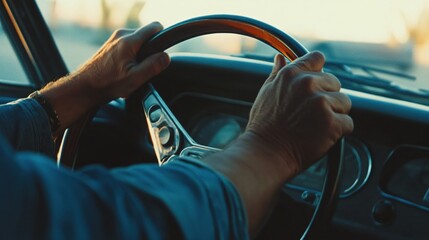 Naklejka premium Golden Hour Road Trip Hands on Wheel Classic Car Drive