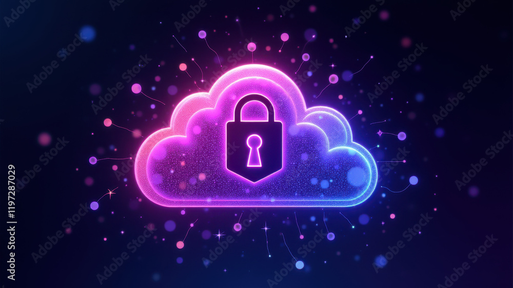 Poster a colorful digital cloud with a lock symbolizing cyber security.