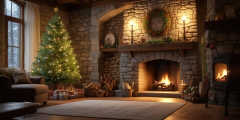 A beautifully lit Christmas tree in front of a stone fireplace with a wooden beam above, decorations, mistletoe, ornaments