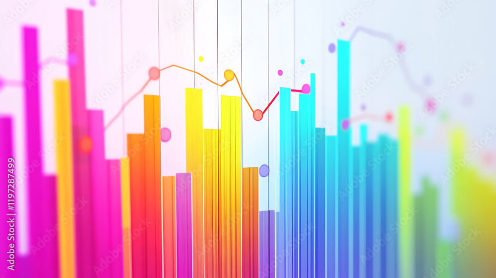 Poster colorful abstract data visualization with vibrant bars and lines representing statistical trends