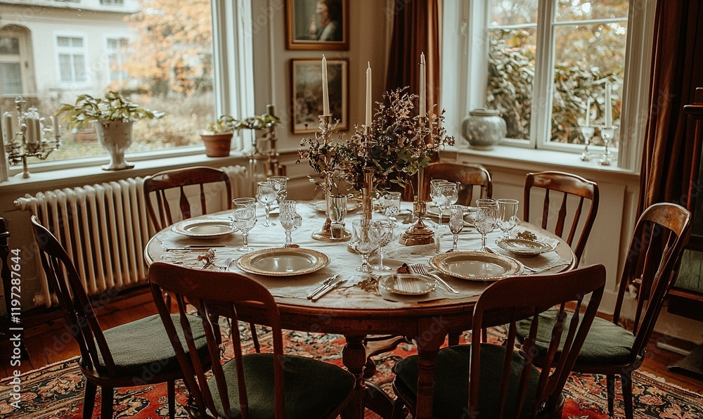 Poster elegant dining table setting in a vintage dining room with autumn window view