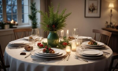 A beautifully set table with Christmas Eve dinner and a vase of evergreen branches, fine china, evergreen branches