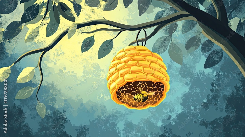 Poster a honeybee inside its golden hive hanging from a tree branch