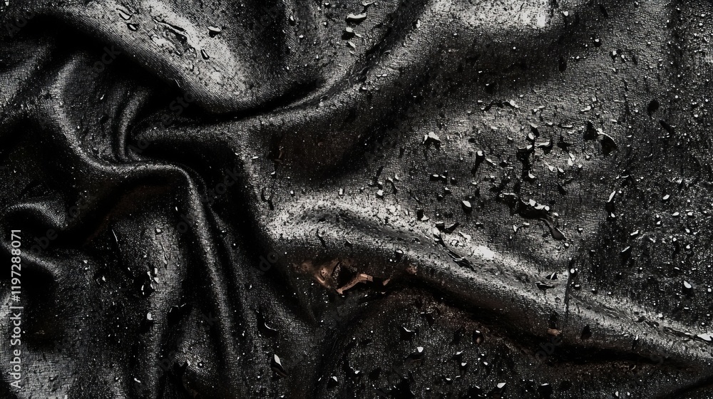 Aufkleber close up of water drops on black fabric texture. abstract background pattern with waves.