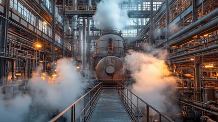 A massive industrial boiler surrounded by intricate piping systems in a busy petrochemical facility, emitting steam into the atmosphere.