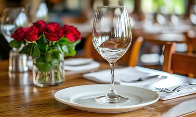 Fototapeta premium Empty wine glass on restaurant table with roses, ready for dining