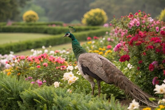 A beautiful peahen surrounded by a garden of vibrant flowers and blooming shrubs, wildlife, plumage