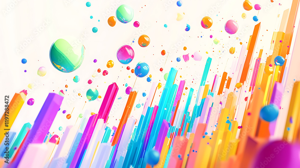 Poster colorful abstract composition featuring vibrant geometric shapes and floating spheres in a dynamic s