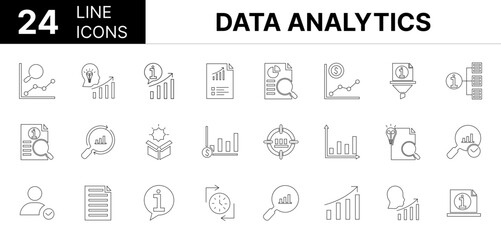 Collection of 24 Data analytics line icons featuring editable strokes. These outline icons depict various modes of Data analytics, Accurate business chart classification, cleaning, 