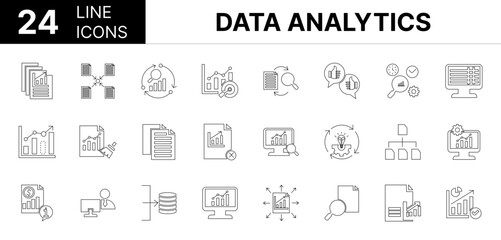 Collection of 24 Data analytics line icons featuring editable strokes. These outline icons depict various modes of Data analytics, Accurate business chart classification, cleaning, 