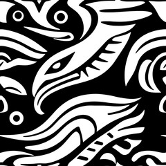 Obraz premium Eagle Pattern: Abstract Black and White Seamless Eagle Design. A bold graphic design featuring stylized eagle heads and feathers in a repeating pattern. Perfect for fabric, wallpaper.