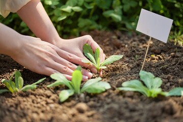 Closeup of hands planting seedlings in rich, dark soil during a sunny day in a vibrant garden