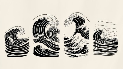 Collection of Monochrome Wave Illustrations Japanese Style Ocean Designs for Print