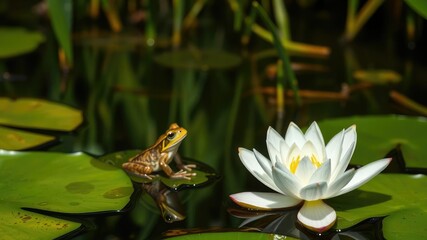 A beautiful water lily flower with a curious frog sitting in a serene marsh pond, amphibian, tranquil, harmony