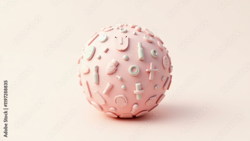 Poster pink 3d sphere with various abstract shapes and symbols textured on surface, futuristic design conce