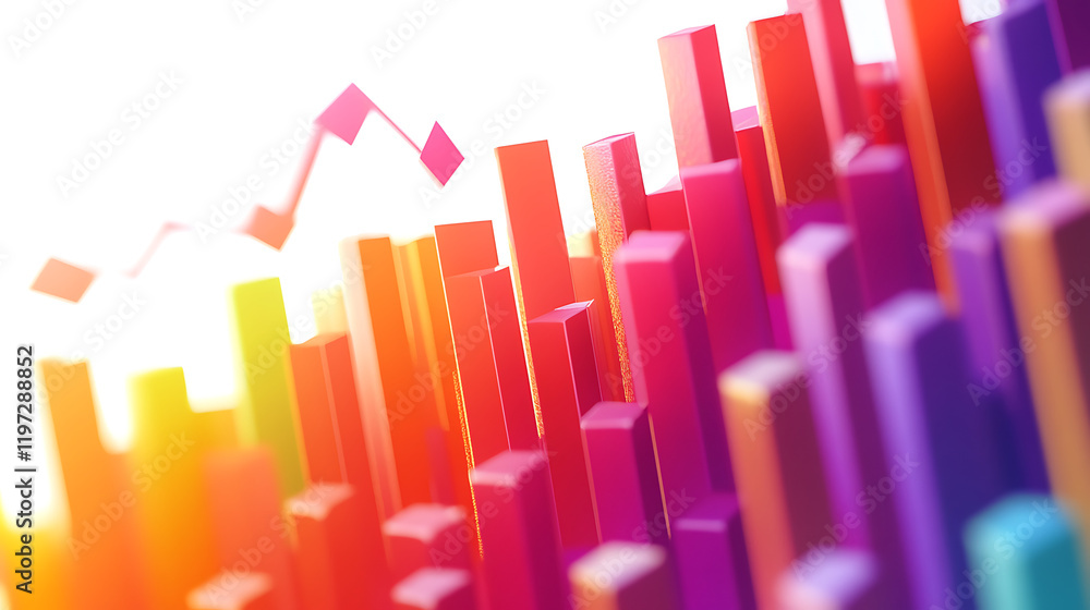Poster vibrant abstract 3d graph illustrating data trends with colorful bars and lines in a bright backgrou