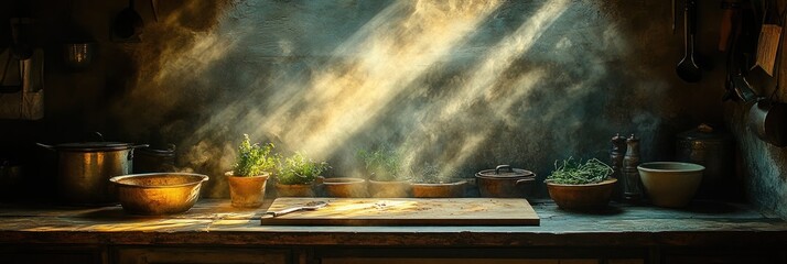 Sunlit rustic kitchen counter with steaming food, herbs, and cookware.