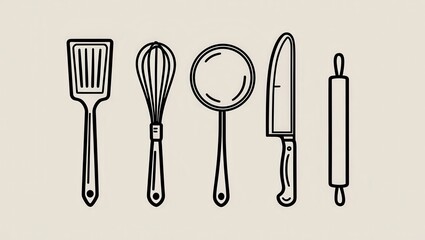 Baking and Cooking Utensils Spatula Whisk Sieve Chef s Knife Rolling Pin Illustration