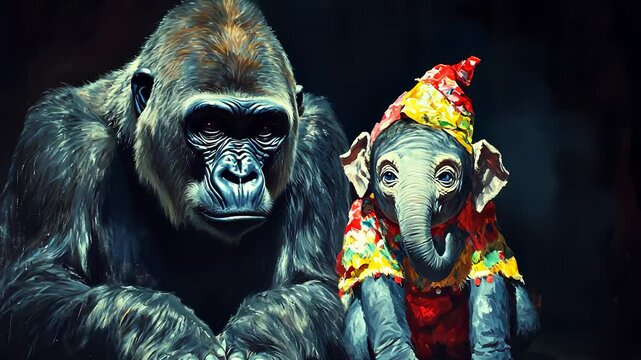 An and gorilla. Monkey, gorilla, baby elephant, small, circus,. Small baby elephant in circus. Small baby elephant monkey and gorilla in a circus. The image is a painting of a lifestyle gorilla and a.