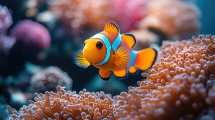 A vibrant orange and white clownfish swims among colorful coral in a tropical reef